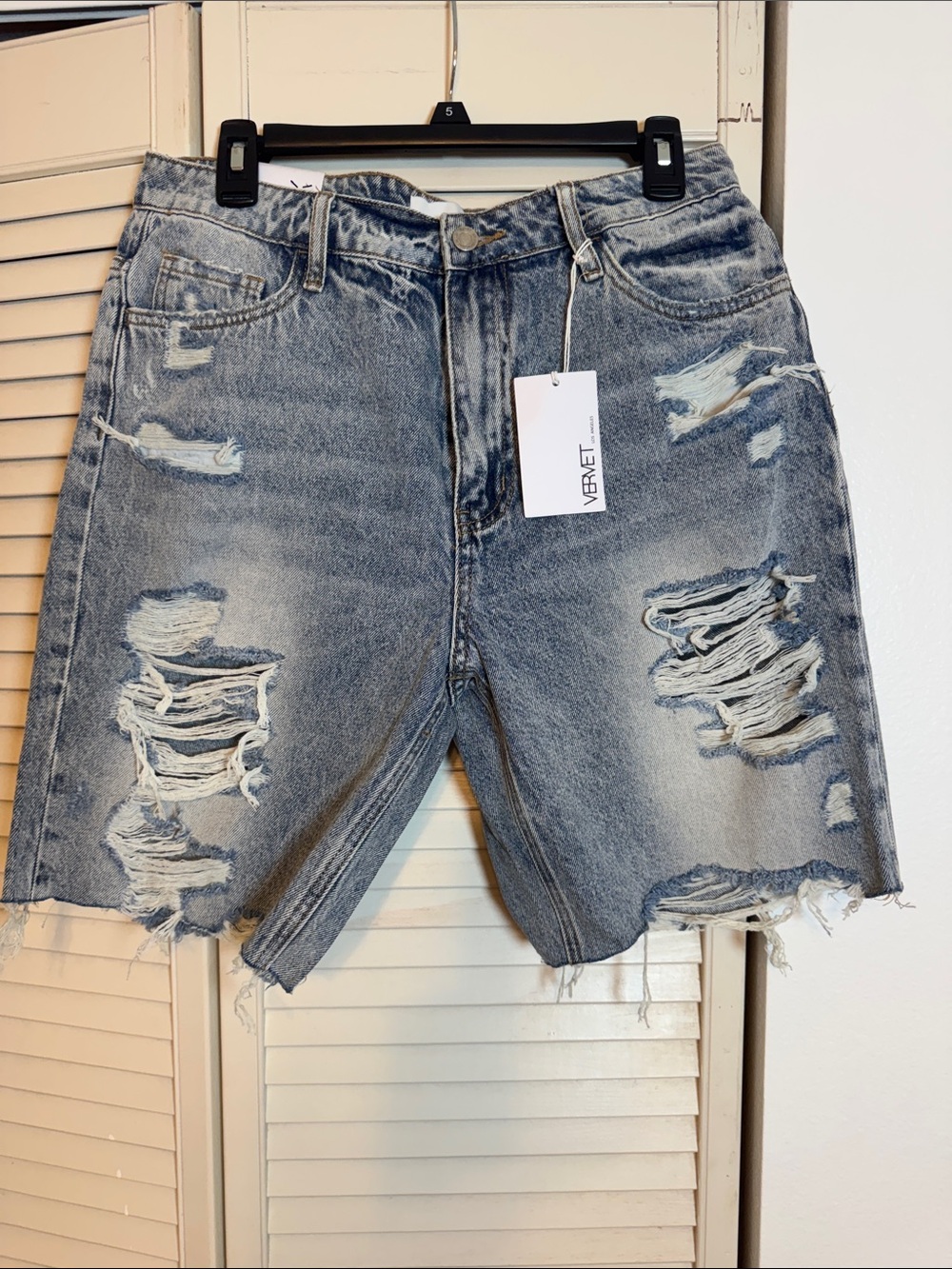 VERVET BY FLYING MONKEY Light Blue Distressed Denim Bermuda Shorts